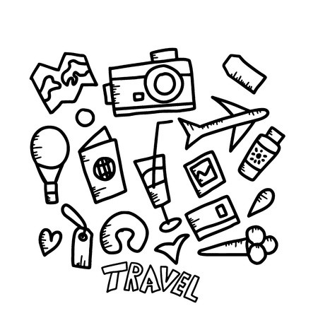 Set of travel symbols in doodle style. Poster, banner, greeting card, print isolated trip elements and typography. Black and white design illustration.のイラスト素材