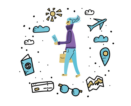 Passengers with luggage. Human character in doodle style. Hand drawn vector girl with travel elements isolated on white background. Color illustration.のイラスト素材