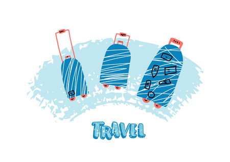 Luggage cases  in flat style. Hand drawn vector travel bags isolated on white background. Color illustration.のイラスト素材
