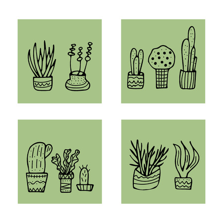 Succulents in doodle style. Set of house plants. Poster, banner, greeting card, print isolated elements. Vector illustration.のイラスト素材