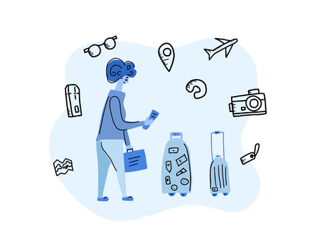 Passengers with luggage. Woman character in flat style. Hand drawn vector girl with travel elements isolated on white background. Color conceptual illustration.  Flat design.のイラスト素材
