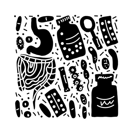 Probiotics concept. Set of treatment of digestive system symbols. Vector illustration.のイラスト素材