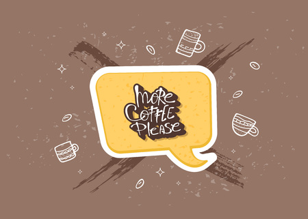 More coffe please lettering with mugs. Set of cups with hot beverage in doodle style. Poster template. Vector illustration.のイラスト素材