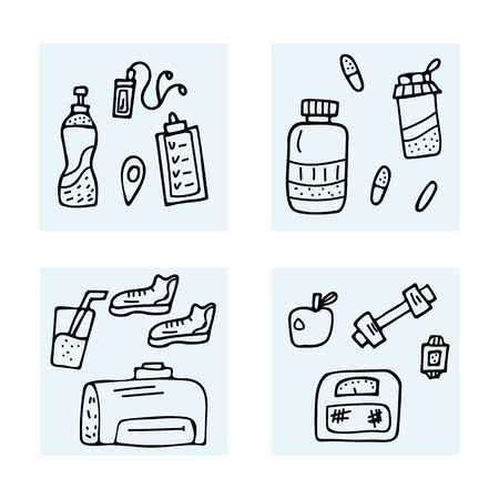 Sport activities tools, symbols in doodle style. Fitness vector concept. Poster, banner, greeting card, print isolated symbols.のイラスト素材