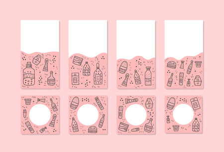 Set of social media templates with beauty supplies. Hygiene vials, tubes and packages in doodle style. Backgrounds for stories and posts. Vector illustration.のイラスト素材