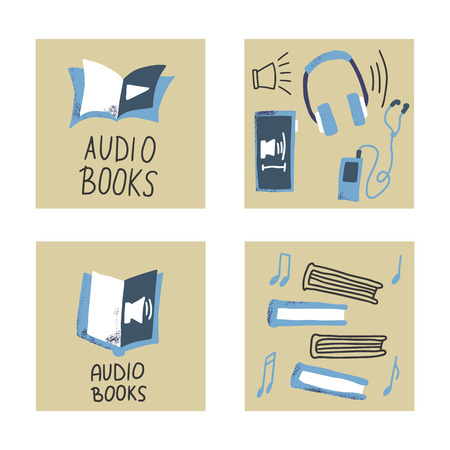 Audiobooks concept. Set of audio book symbols with lettering. Vector illustration.のイラスト素材