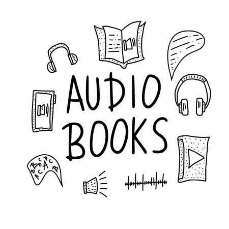 Audiobooks concept in doodle style. Set of audio book symbols with lettering. Vector black and white design  illustration.のイラスト素材