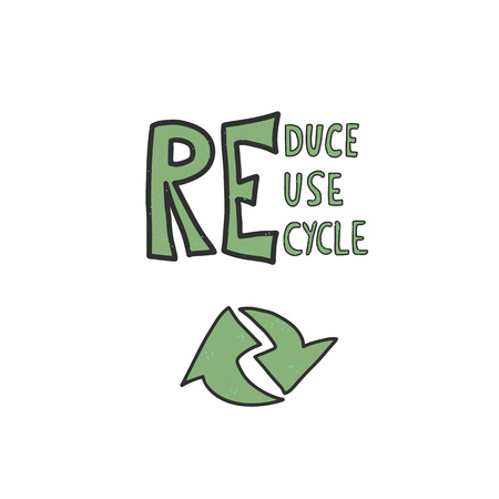 Reduce Reuse Recycle concept. Quote with ecological symbol. Emblem with handwritten lettering.  Vector illustration.のイラスト素材