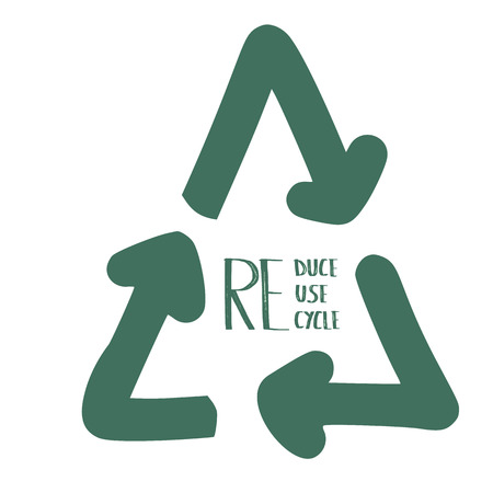 Reduce Reuse Recycle concept. Quote with ecological symbol. Emblem with handwritten lettering.  Vector illustration.のイラスト素材
