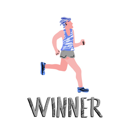 Sportsmet running with Winner lettering. Flat runner isolated on white background. Vector color illustration.のイラスト素材