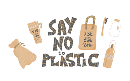 Say no to plastic quote with  eco lifestyle elements isolated on white background. Hand drawn text and zero waste symbols in doodle style set. Vector color illustration.のイラスト素材
