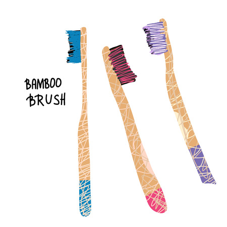 Bamboo toothbrushes set isolated. Zero waste tips. Eco-friendly brushes. Vector illustration.のイラスト素材