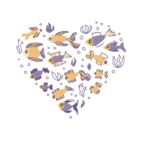 Fish collection isolated. Cute aquarium fish characters in doodle style. Heart composition for print, banner, cards, poster. Vector color illustration.のイラスト素材