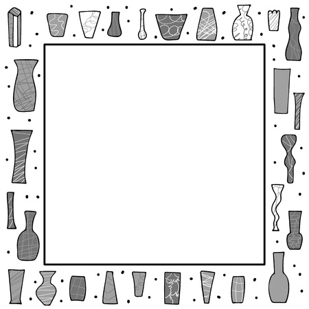 Frame with flowers vases in doodle style. Vector illustration.のイラスト素材