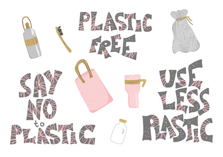 Use less plastic design elements set in flat style. Quotes with eco lifestyle stuff isolated on white background. Handwritten lettering and zero waste symbols. Vector color illustration.のイラスト素材