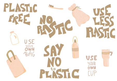 Plastic free design elements set in flat style. Quotes with eco lifestyle stuff isolated on white background. Handwritten lettering and zero waste symbols. Vector concept illustration.のイラスト素材