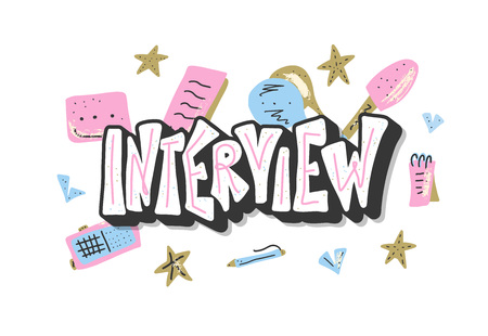 Interview emblem with hand lettering and decoration design elements. Set of interview tools. Banner template with text and journalism symbols. Vector conceptual illustration.のイラスト素材