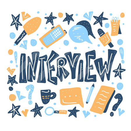 Interview lettering with decoration design element. Set of interview tools. Banner template with text and journalism symbols. Vector conceptual illustration.のイラスト素材