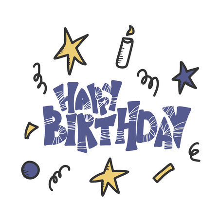Happy birthday hand drawn text. Handdrawn lettering with decoration holiday elements isolated on white background. Vector illustration.のイラスト素材