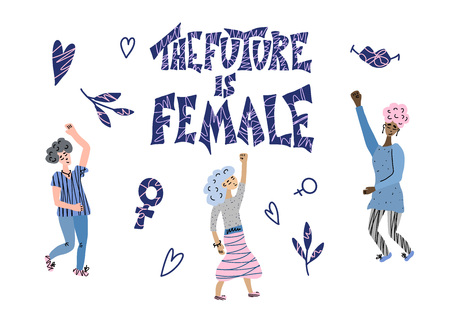 The future is female lettering with ladies characters. Hand drawn quote with girls and symbols. Vector concept illustration.のイラスト素材