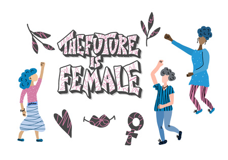 The future is female phrase with ladies characters. Hand drawn quote with girls and symbols. Vector illustration.のイラスト素材