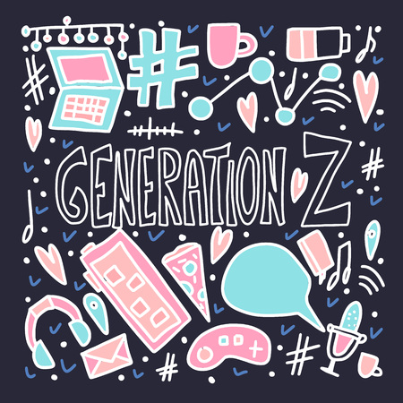 Generation z poster. Dark card with social media and other technology stuff. Text with digital symbols in doodle style. Vector concept illustration.のイラスト素材