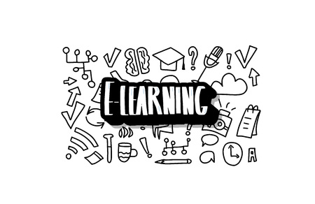 E-learning concept. Online education. Quote and school symbols in doodle style. Vector illustration.