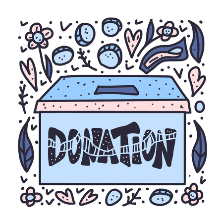 Donation box banner. Donate lettering with coin and other decoration. Vector color illustration.のイラスト素材