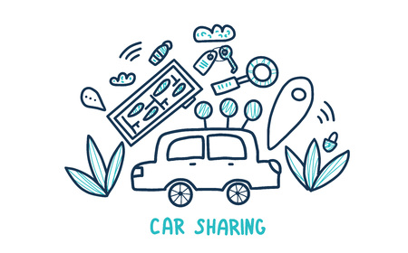 Car sharing concept in doodle style. Hand lettering with symbols. Vector illustration.のイラスト素材