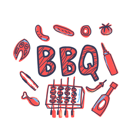 Barbecue composition with text. BBQ set with handdrawn lettering. Cookout symbols. Summer outdoor cooking elements. Vector color illustration.のイラスト素材