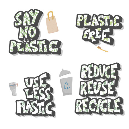 No plastic concept. Quotes with eco lifestyle elements isolated on white background. Emblem with handwritten lettering and zero waste symbols set. Vector color illustration.のイラスト素材