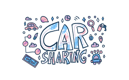 Car sharing concept. Hand lettering with symbols. Vector illustration.のイラスト素材