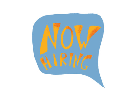 Now hiring quote with bubble speech isolated on white background. Vacancy announcement template for web, social media post. Hr message  for company, job agency. Vector stylized typography.のイラスト素材