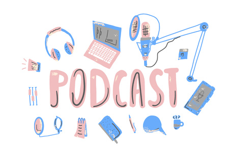 Podcast concept with handwritten lettering and decoration. Text and podcasts symbols isolated on white background. Vector color  illustration.のイラスト素材