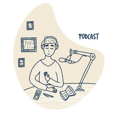 Boy recording a podcast in a studio. Podcaster concept in doodle style. Vector stock illustration.のイラスト素材