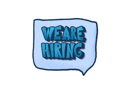 We are hiring hand drawn phrase for banner, social media, flyer, ad. Recruiting quote with speech bubble isolated on white background. Vector  illustration.のイラスト素材