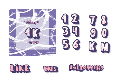 Social media banners set. 1k followers post and elements for bloggers. 1000 subscribers thank you. Vector color illustration.のイラスト素材