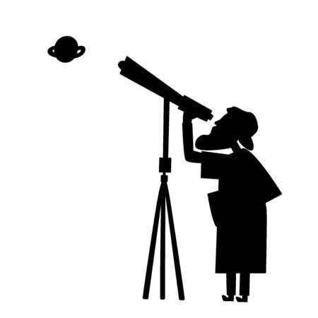 Vector astronomer silhouette with telescope. Old man is seeing with a  comet seeker.のイラスト素材