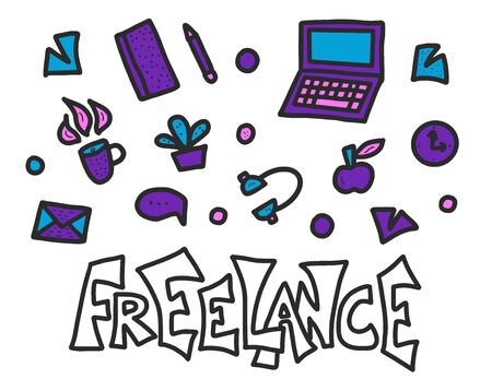 Freelance text. Hand drawn lettering with job design elements.  Vector color illustration.のイラスト素材
