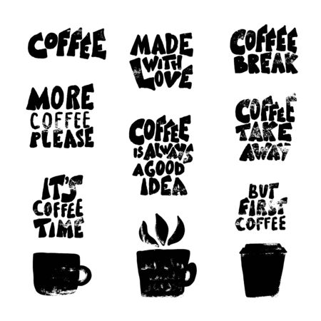 Coffee mugs grunges silhouette with quotes isolated on white background. Coffee take away, Made with love phrases. Emblems with handdrawn lettering. Vector illustration.のイラスト素材