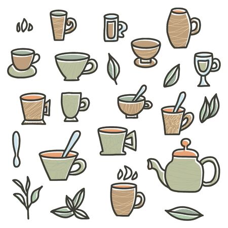 Tea set. Cups and kettele. Hot beverage stuff. Vector illustration.のイラスト素材