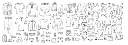 Set of clothes in doodle style. Apparel collection. Vector illustration.のイラスト素材