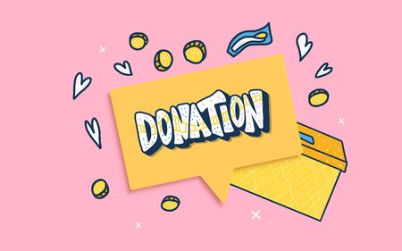 Donation concept. Donate lettering with box, coin and other decoration. Vector color illustration.のイラスト素材