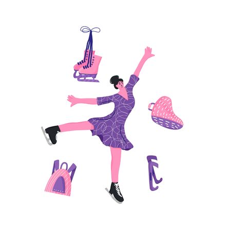 Figure skater emblem. Female character and equipment isolated on white background. Athlete on the rink. Vector illustartion.のイラスト素材