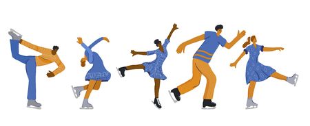 Figure skaters poses. Women and men characters isolated on white background. Group of athletes on the rink. Vector flat illustartion.のイラスト素材