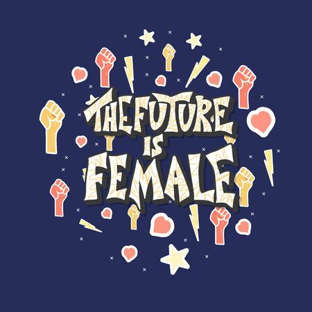 The future is female round poster. Hand drawn quote with feminism symbols. Vector color illustration.のイラスト素材