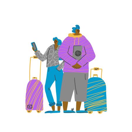 Check in online with phone. Student couple going to travel together. Two young characters standing with their luggage isolated on white background. Vector flat illustartion.のイラスト素材
