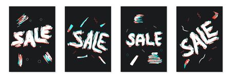 Sale templetes banner set. Hand drawn text with glitch effect. Vector illustration.