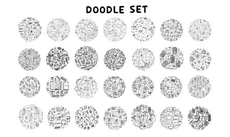 Set of doodles. Hand drawn icons. Big collection of round badges with different objects. Travel, lifestyle, food, education topics. Vector black and white illustration.のイラスト素材
