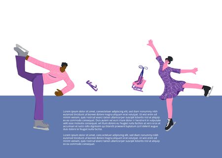 Figure skating banners template. Couple characters isolated on white background. Group of athletes and sport equipment on the rink. Vector illustartion.のイラスト素材
